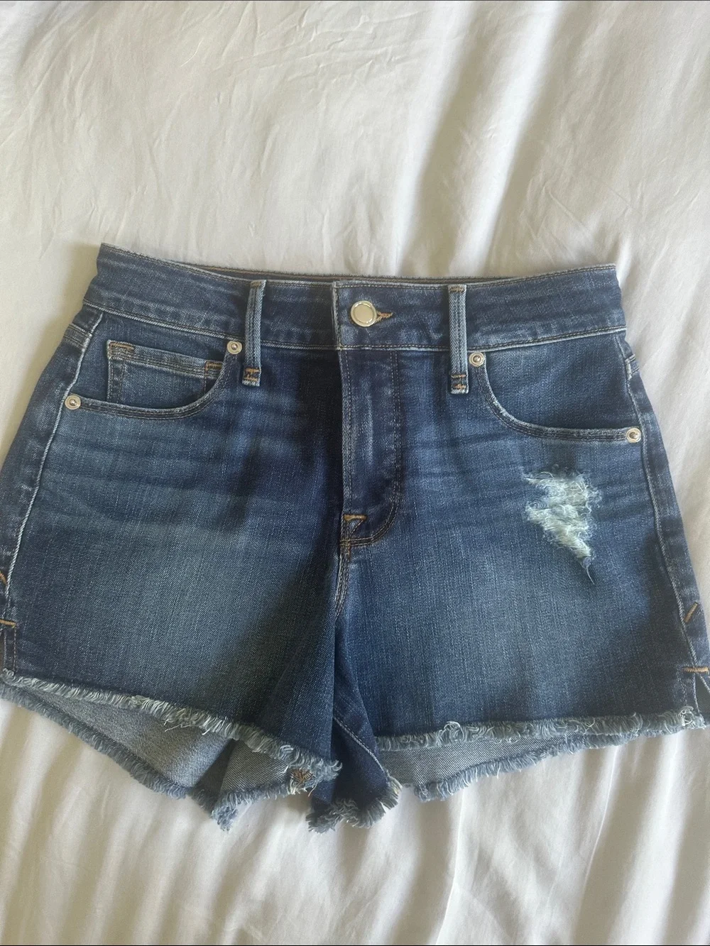 Good American Dark Blue High-Rise Frayed Hem Jean Shorts